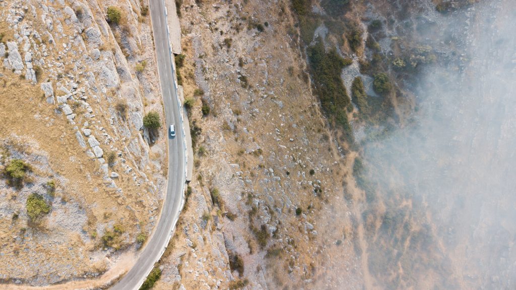 An aerial photo of a road in Albania