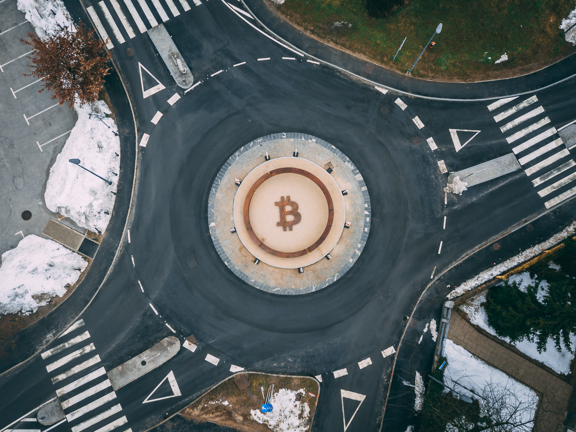 Bitcoin sign / statue at the roundabout in Kranj (Slovenia, Europe).