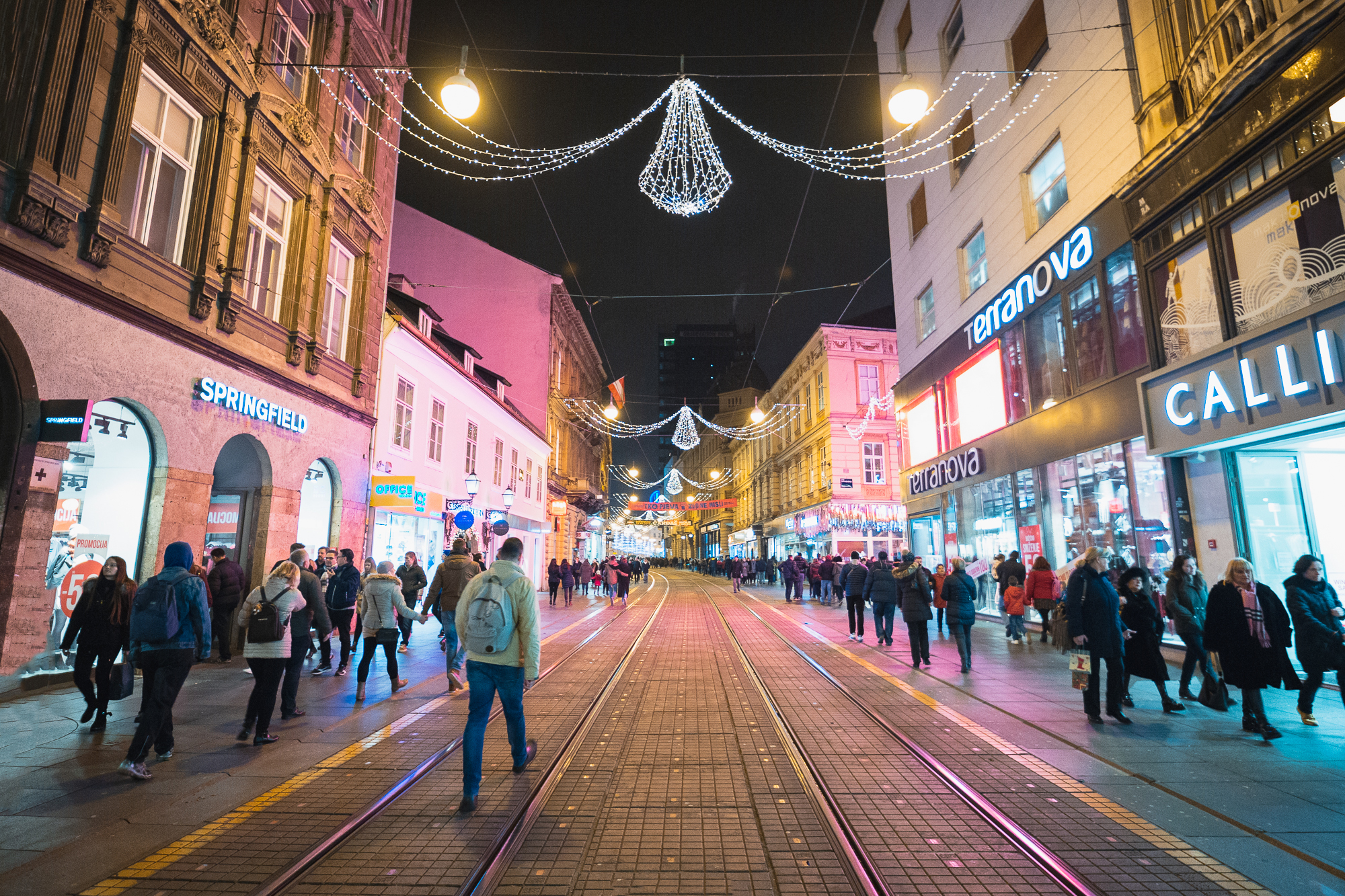Street decorated with Christmas lights in Zagreb, Croatia