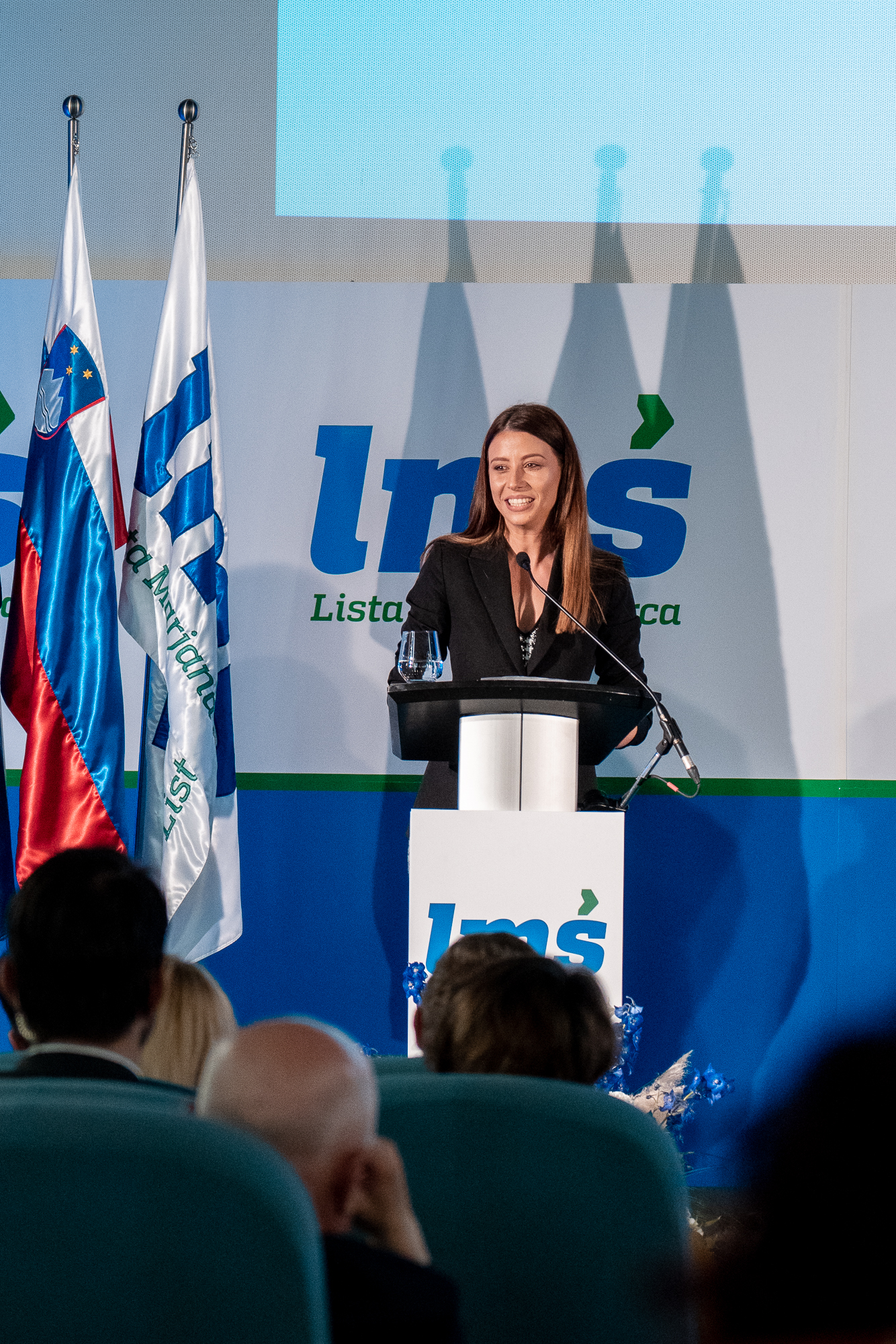 Irena Joveva, candidate of the Marjan Šarec List (LMŠ) in the EU election, on the stage on the Fifth Congress of Lista Marjana Šarca in Trbovlje