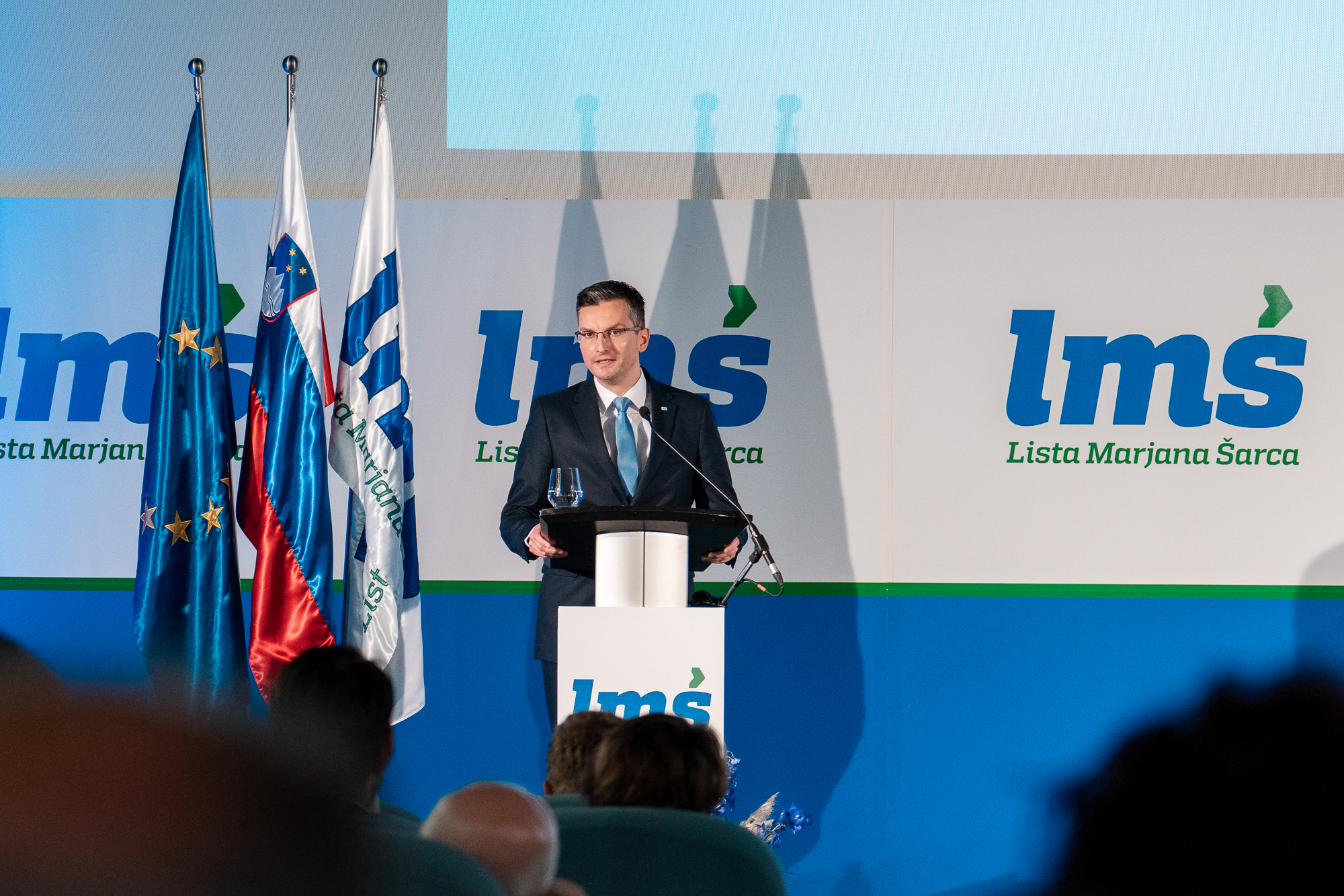 Marjan Šarec, Prime Minister of Slovenia and president of Lista Marjana Šarca, on the stage at the Fifth Congres of Lista Marjana Šarca in Trbovlje, Slovenia